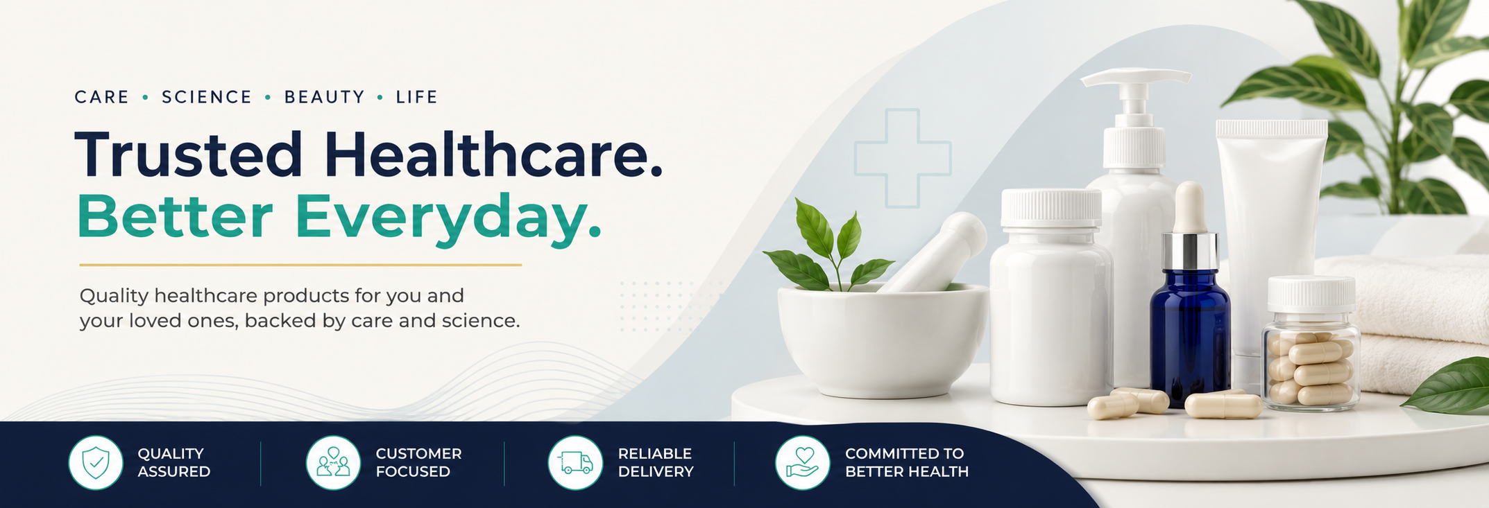Healthcare product display with text 'Trusted Healthcare. Better Everyday.' on a white background.